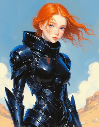 Digital painting of a fragile teen girl with red hair and blue eyes wearing large black mech armor against a sky and alien landscape background.