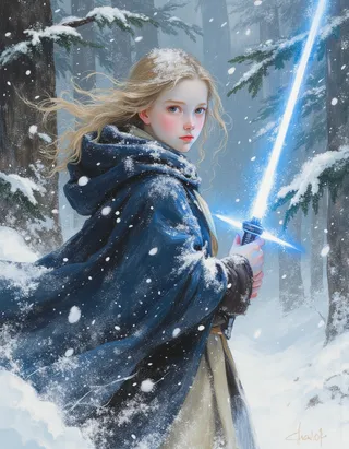 Close-up digital painting of a young blond Jedi girl holding a glowing blue lightsaber in a snow-covered forest with snowflakes swirling around her and a dark blue cloak billowing.