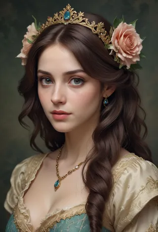 A realistic renaissance-style portrait of a young woman with long brown hair wearing a golden tiara adorned with a large blue gemstone, complemented by pink roses in her hair and a vintage blue and gold dress.