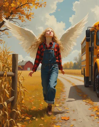 A tween angel girl with large feathery wings wearing a red and black plaid flannel shirt and blue overalls walks beside a yellow school bus on an autumn morning in a Midwestern town, surrounded by golden cornfields and amber-leafed oak trees under a partly cloudy sky.