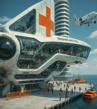 3D rendering of a futuristic spaceship with a large orange cross on its side, featuring glass-enclosed cockpits filled with people, docked at a pier with orange boats under a blue sky.
