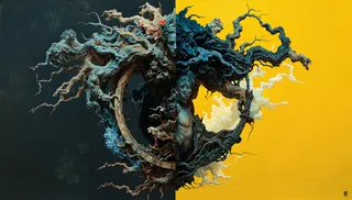 Surreal sculpture with intricate twisted roots and human faces, half against a dark background and half against a yellow background, showcasing a foam-like surface and reduced structure in Novum Arte style.