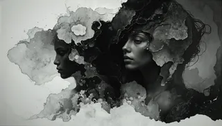 Abstract double portrait of female faces merging with foam-like textures in a dark minimalism style inspired by Novum Arte.
