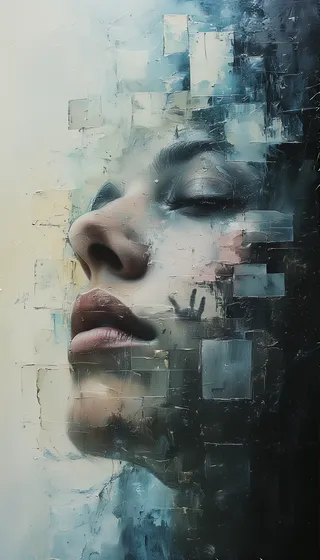 Close-up abstract portrait of a young woman with textured brushstrokes and fragmented geometric overlays dissipating into a muted, surreal background.