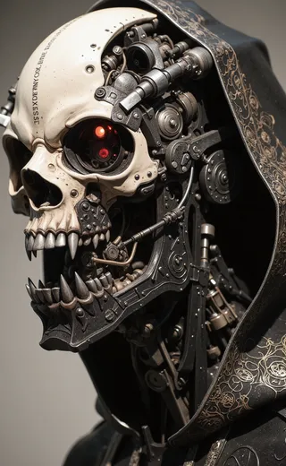 Highly detailed mechanical skull sculpture with red glowing eyes, intricate gears, and an ornate black hood with golden patterns.