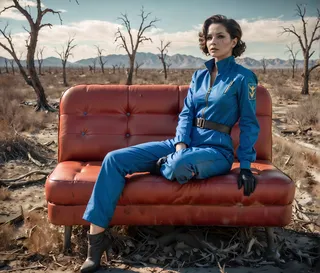 A woman wearing a blue Fallout-style jumpsuit sits on a worn red sofa in a desolate wasteland with dead trees and dry grass under a cloudy sky.