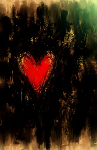 Abstract painting featuring a central red heart with fringed edges surrounded by intricate black and gold patterns on a dark, earthy brown background with subtle green hues in the upper right corner.