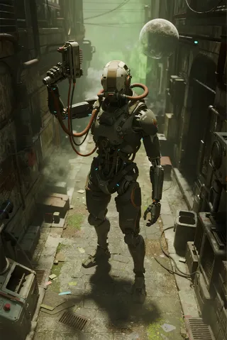 An athletic android space ship pilot wearing a detailed exoskeleton stands in a smokey alley on a heavily greebled moon, holding advanced instruments with a planet visible overhead.