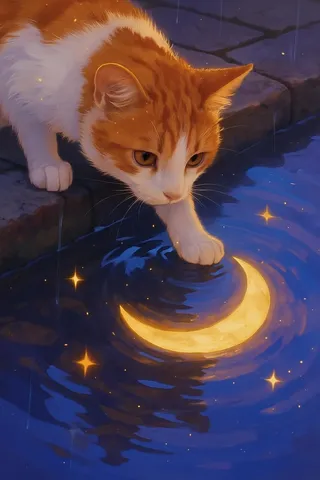 Digital painting of a ginger tabby cat with white paws dipping its paw into a reflective blue and purple water surface showing a glowing crescent moon and stars.