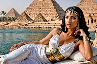 Cleopatra reclining on a lounger dressed in white silk clothing with ornate jewelry, green eyes, and ancient Egyptian headpiece, with pyramids and Nile river in background