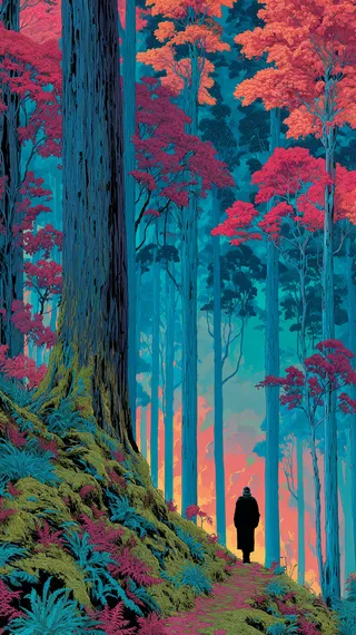 A vibrant Mystic Forest scene with tall colorful trees in shades of red, orange, and blue, a silhouetted figure walking along a mossy forest path at sunset glow.