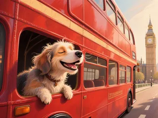 A fluffy dog with closed eyes and a broad smile sticking its head out of the second level window of a brand new red double-decker bus in London, with Big Ben visible in the background.