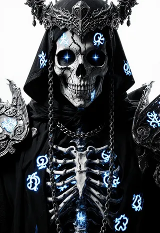 A fashion-forward dark lord with a skull-like skeletal visage adorned with glowing blue magical runes, detailed bone ornaments, gothic flowing fabrics, and ornate armor.