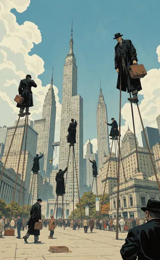 Surreal cityscape featuring businessmen dressed in black coats walking on extraordinarily long stilts among towering skyscrapers under a bright blue sky.