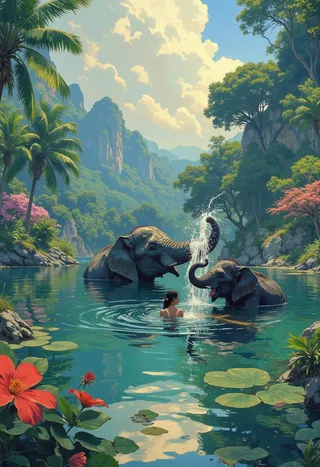 A photorealistic scene of a woman bathing with a baby elephant and another elephant in a tranquil lake surrounded by lush paradise jungle, colorful flowers, and distant mountains under a bright sky.
