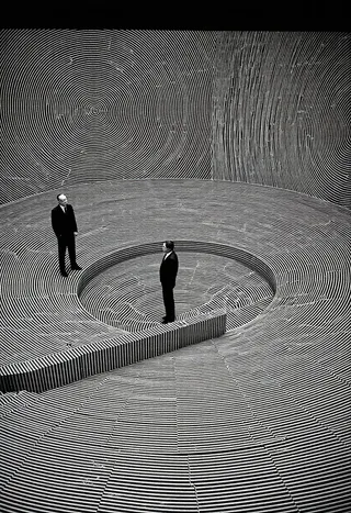 Black and white photograph showing two men in suits standing within an immersive circular room covered in concentric and striped patterns creating optical illusions, shot from above with a Hasselblad camera.