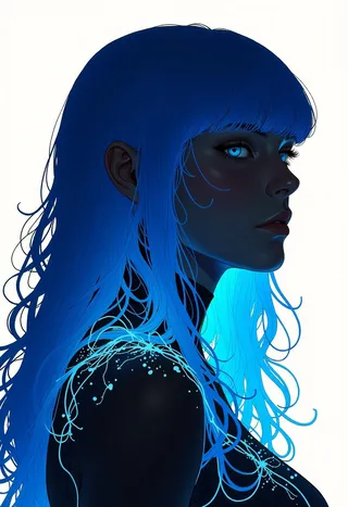Digital portrait of a female water elemental with long glowing blue hair and bright blue eyes in profile silhouette style.