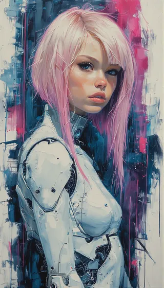 Hyper-realistic digital painting of a cyborg girl with pink hair, mechanical joints, and cyberpunk fashion, set against an abstract painted background.