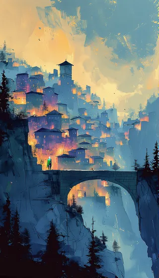 A fantasy city set against a mountainous backdrop at dusk, illuminated by warm lantern lights, with a lone figure standing on a stone bridge in the foreground.