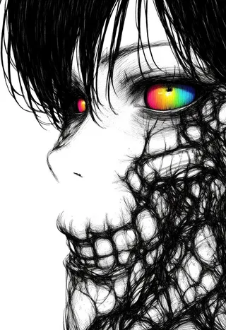 Close-up gritty manga pencil sketch of an anthropomorphic cat with dark hair, pale skin, a skeletal lower face, and bright rainbow colored eyes.