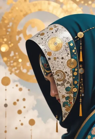 Close-up of a female kurobot cyborg wearing a ceremonial kimono armor decorated with golden mosaic patterns and geometric motifs, featuring a translucent, glitching faceplate and a dark-turquoise hood with gilded spirals against a golden fractal background.