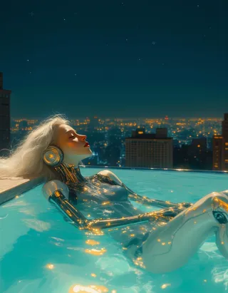 クロームメタルのボディと流れる白い髪を持つ穏やかなアンドロイド少女が、星空の夜に街灯を背景に屋上プールで静かに浮かんでいる。