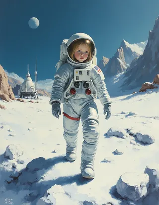 Oil painting of a young girl astronaut in a white space suit walking on a cratered moon surface with mountains and a lunar lander in the background under bright sunlight.