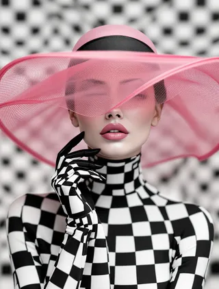 A fashion portrait of a woman wearing a large translucent pink lace hat concealing her eyes, and a black-and-white checkered high-neck bodysuit with matching gloves, posed elegantly against a blurred checkered background.