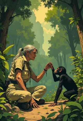 Side view of an old woman with wrinkled skin and long grey hair sitting in a green jungle, reaching out to touch a baby chimpanzee’s finger.