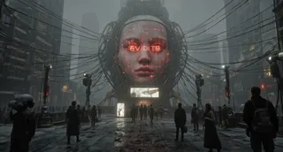 A massive AI tower shaped like a human face with glowing red scanning grids and the text '6VIDIT9' on a holographic screen, looming over a rainy futuristic city street with robotic sentries and people walking.