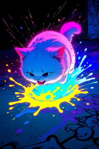 A fluffy anime cat pounces on glowing neon paint splashes, highlighted by manga outlines, cel shading, and vibrant graffiti-style textures.