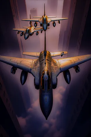 Three steel fighter jets flying in a tight aerial formation through a deep canyon under dramatic sunset lighting.