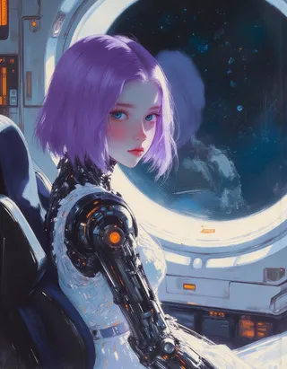 Digital painting of a cyborg girl with short purple hair and mechanical arm sitting in a spaceship, looking back with a gentle expression, starry space visible through a large window.