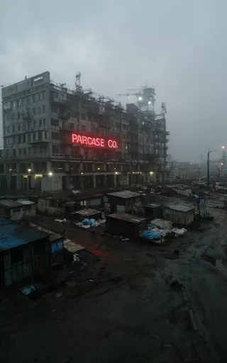Cinematic view of a massive brutalist mega corp building at night with red LED sign 'PAROASE CO.' above rundown slums and muddy roads under rainy, gloomy skies