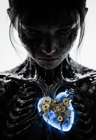 A surreal portrait of a figure with a robotic heart made of intricate clockwork gears and brass mechanisms glowing with blue light, surrounded by dark metallic ribs and mechanical structure, with an expression of deep sadness.
