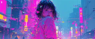 A young woman in an anime style stands in a neon-lit city street, fragmented by digital glitch art with vibrant pink and blue hues.