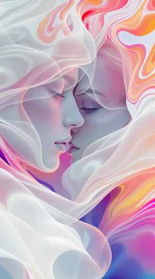 Colorful nu disco retro pop album cover featuring close-up profiles of a white man and woman with flowing translucent fabrics and vibrant swirls.