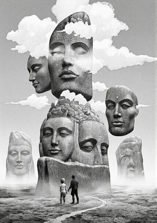 Black and white digital illustration featuring two people standing before large carved stone heads with varied expressions, surrounded by a foggy, surreal landscape and cloudy sky.