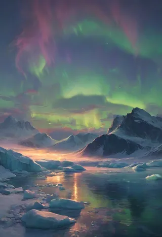A cinematic Arctic scene featuring Northern lights in soft pastel colors over icebergs and calm water with a whale.
