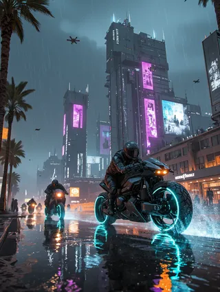 Futuristic motorcycle speeding through a rainy cyberpunk city street at night with neon lights reflecting off the wet surface and skyscrapers illuminated with colorful billboards.