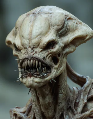 A highly detailed humanoid alien with pale cream-colored skin, sharp metallic pins protruding from its mouth, large eyes, and a menacing expression.