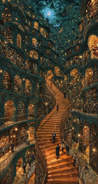 A majestic Hogwarts library featuring a vast grand staircase surrounded by towering, intricately designed bookshelves under a mystical night sky.