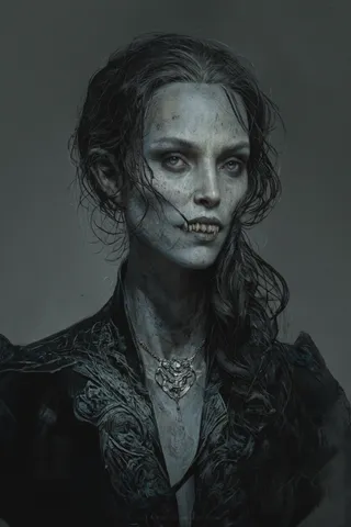 Realistic digital painting of a pale-skinned gothic vampire woman with long dark hair, wearing an ornate black jacket and a silver necklace, with fangs and a menacing expression.