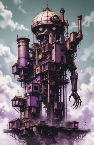 Massive steampunk mechanical structure with dome-shaped top, large round eyes, pipes, gears, and claw-like appendages under a cloudy sky.