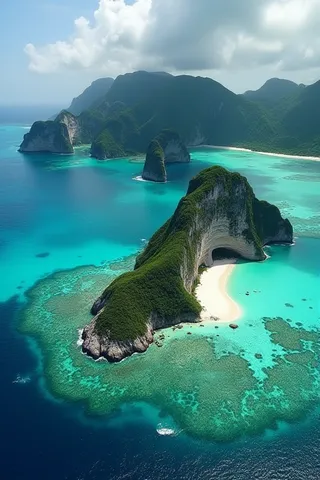 Aerial view of a pristine archipelago featuring turquoise waters and lush green islands with white sandy beaches and vibrant coral reefs.