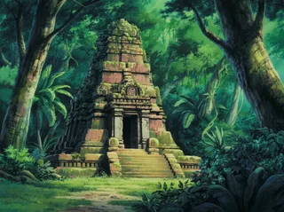 A beautifully detailed stone ancient temple surrounded by lush tropical forest greenery, depicted in Studio Ghibli style.