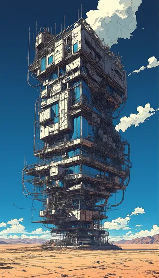 Digital illustration of a tall, intricate futuristic building made from metal and glass with cables and wires, standing solitary in a barren desert under a deep blue sky with scattered clouds.