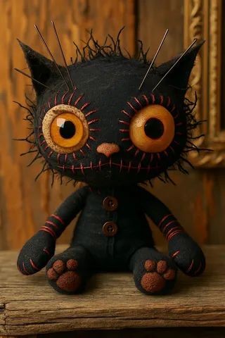 Handmade black felt cat voodoo doll with large yellow stitched eyes, red stitched paws and mouth, and metal pins above its eyes sitting on a rustic wooden surface.
