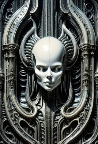 A biomechanical architectural structure featuring a translucent white biomechanical face at the center, enveloped by intricate gothic metallic elements with detailed texture and volumetric lighting.