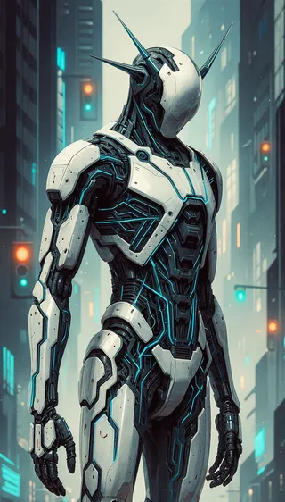 Digital illustration of a futuristic humanoid robot with white and black metallic armor and neon blue lines standing in a cityscape with tall buildings and multicolored traffic lights.